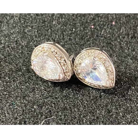 Vintage Sterling Silver Tear Drop Pierce Earrings Clear Crystals 3.55g - Picture 4 of 7